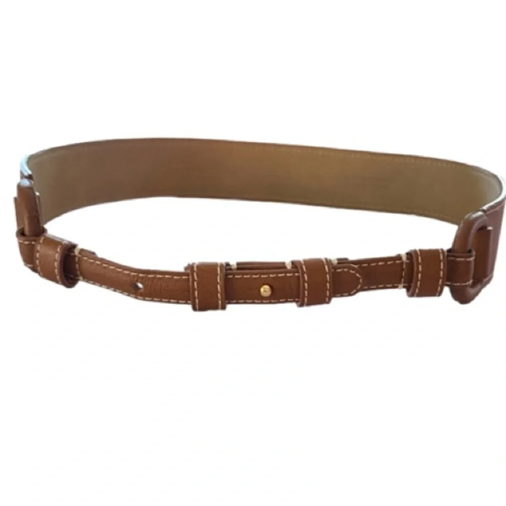 TALBOTS Belt Equestrian Style Split Leather Caramel/Tan/White Stitching Women XS